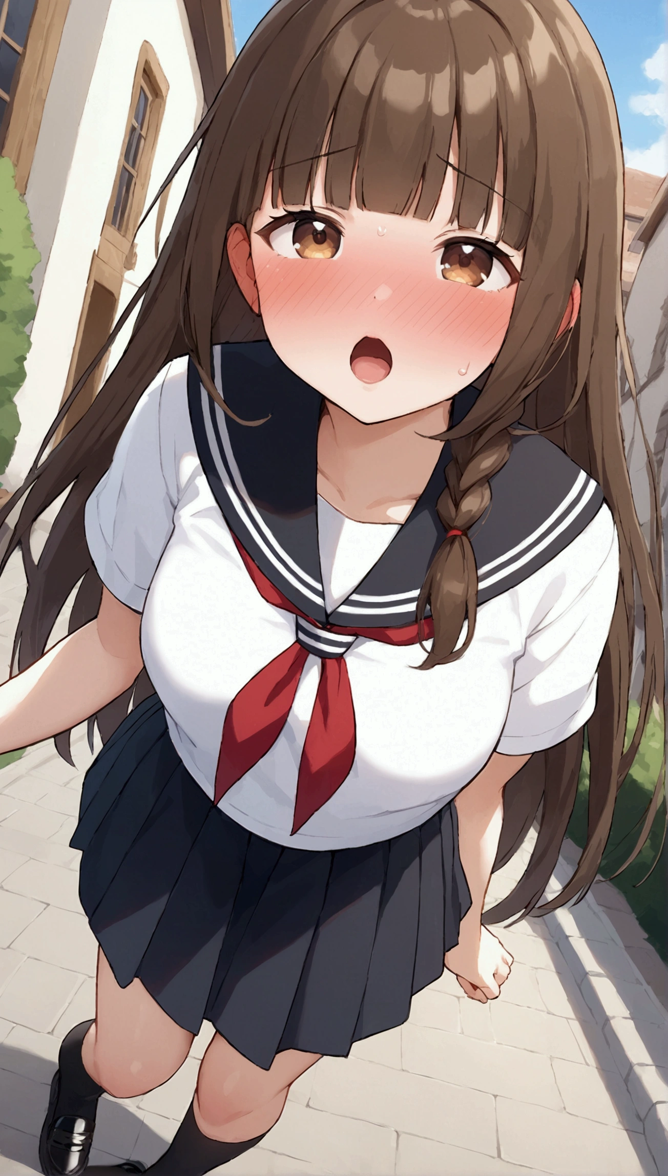 {Best Quality], [Very beautiful], [Ultra fine], [Best illustration],sauce_anime,stand,Brown Hair,hime cut,Long Hair,Braids,Excited face,Cutesy,High school girl, BLACK SAILOR SUIT ,skirt,Beautiful breasts, black high socks , black loafers , slender, make your face blush,Woman looking up,Embarrassed,In the village,Outside the home, poses,From an angle, they point their lips over here , they try to kiss me,I want to chew ,Kissing the screen ,Delusional