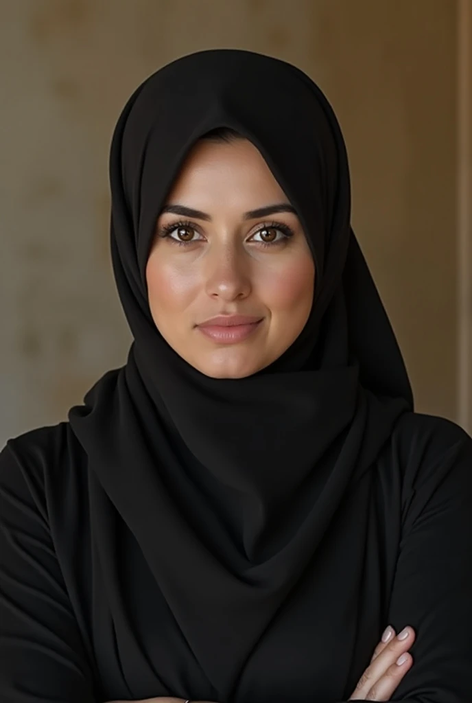 sunlight, (kitchen), (black abaya), cinematic lighting, beautiful, model, middle aged woman, ((hijab)), upper body, rim lighting, eye level, movie, poster, smiling, realistic skin, freckles, textured skin, ray tracing, forty year old woman, milf