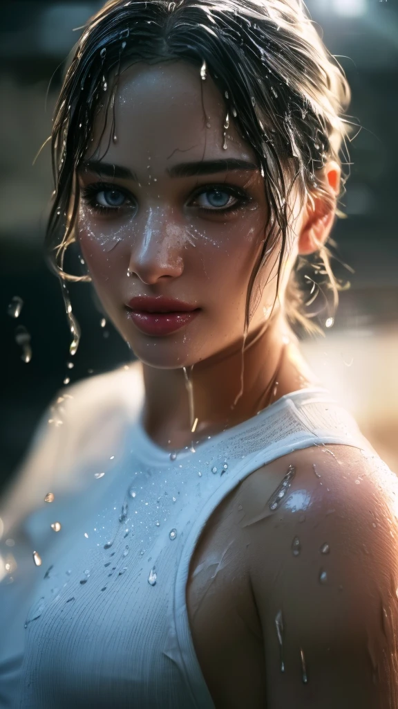 Full shot. Swoman in a wet, clinging white t-shirt, (best quality,4k,8k,highres,masterpiece:1.2),ultra-detailed,(realistic,photorealistic,photo-realistic:1.37),HDR,UHD,studio lighting,ultra-fine painting,sharp focus,physically-based rendering,extreme detail description,professional,vivid colors,bokeh,wet clothing,sweating,heat,sensual,alluring,beautiful detailed eyes,beautiful detailed lips,extremely detailed eyes and face,longeyelashes,photorealistic,cinematic lighting,dramatic shadows,glowing skin,translucent fabric,wet fabric clinging to skin