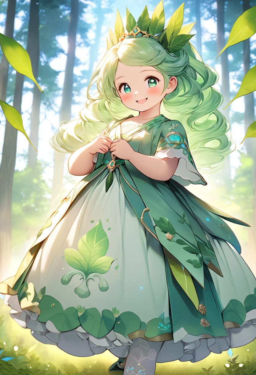 warm_forestの中の光，  Fantasy, 1forest_  princess your _  girl, (Using_leaf_Clothes, Blue-green_leaf_  covered  )+, dynamic_Pose_cute,  happy _smile, curl_hair,  bright  _skin,  particle_Surrounding Area_body, ( plump_body)+, (forest, tree々_background, leaf_translucent)+++