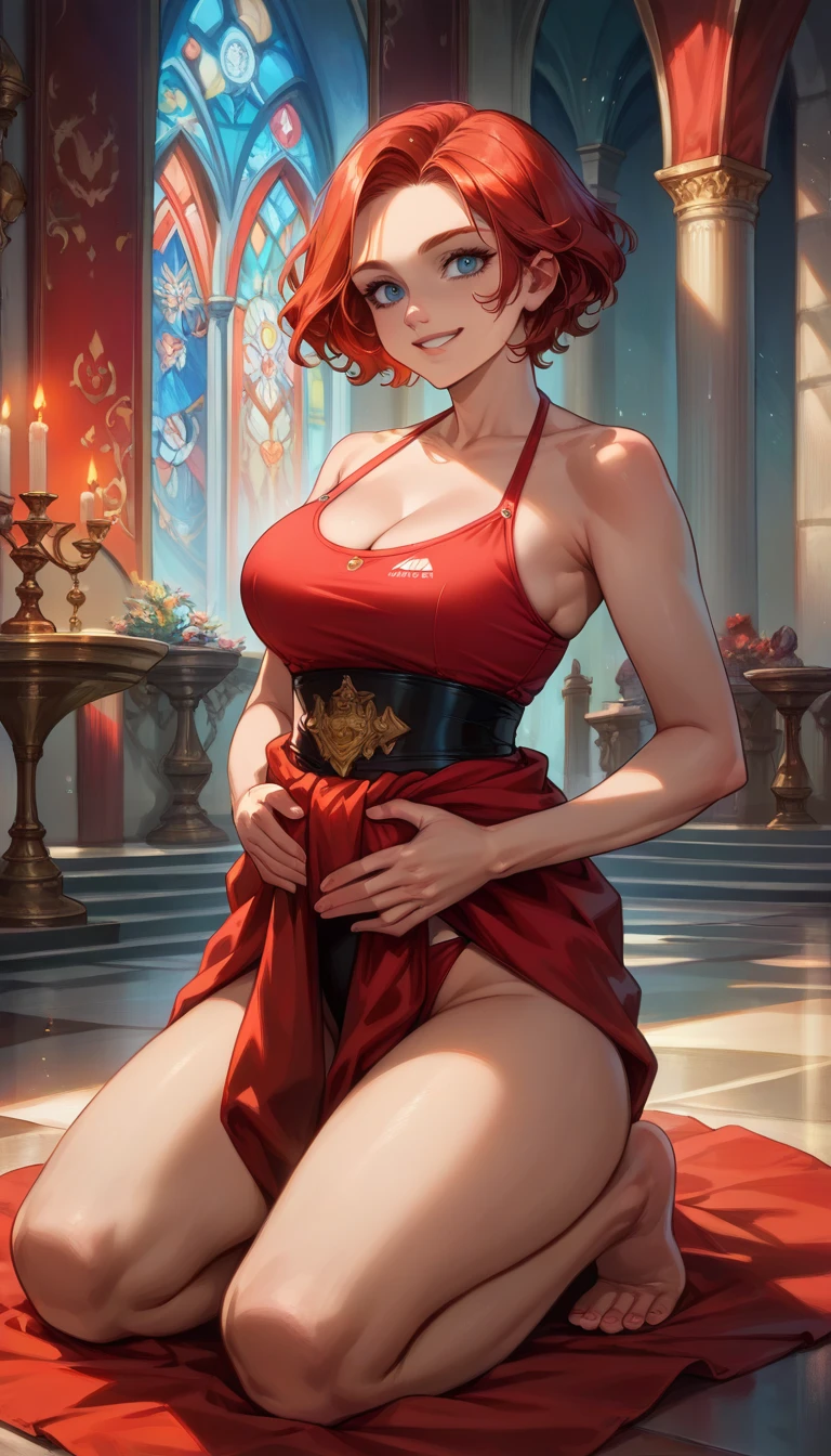  Siph (castelovania),  red swimsuit, short red hair ,blue eyes, smile,  thick thighs  , big boobs, bare feet,charme,  vibrant colors   ,(((kneeling,  hands around waist ))), vista inferior,Castle Room ,  global illumination ,detailed