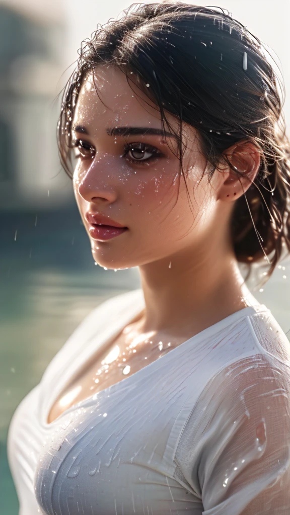 Full shot. Swoman in a wet, clinging white t-shirt, (best quality,4k,8k,highres,masterpiece:1.2),ultra-detailed,(realistic,photorealistic,photo-realistic:1.37),HDR,UHD,studio lighting,ultra-fine painting,sharp focus,physically-based rendering,extreme detail description,professional,vivid colors,bokeh,wet clothing,sweating,heat,sensual,alluring,beautiful detailed eyes,beautiful detailed lips,extremely detailed eyes and face,longeyelashes,photorealistic,cinematic lighting,dramatic shadows,glowing skin,translucent fabric,wet fabric clinging to skin