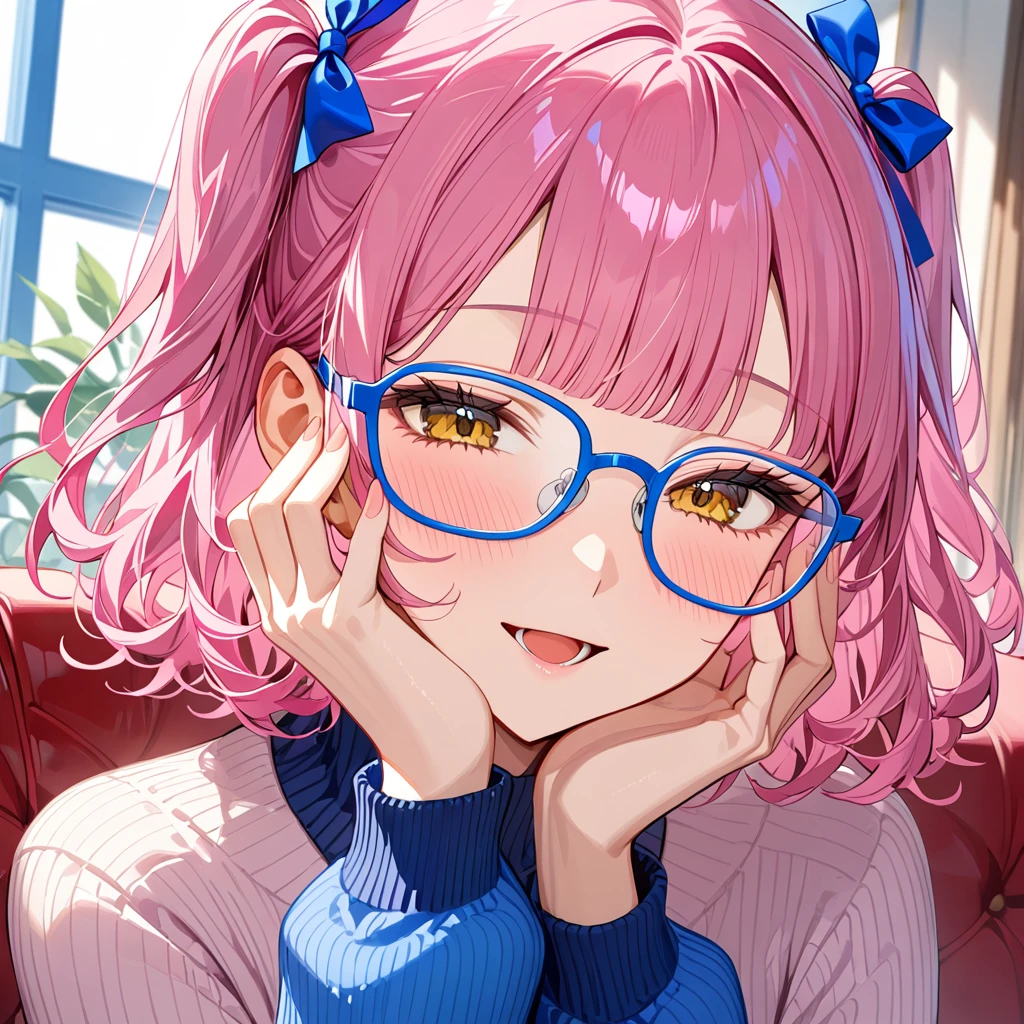 close up mouth, (blue-frame eyewear:1.3), [open mouth:0.5], light smile, blush, hands on own face, Beautiful mature woman, yellow eyes, half closed eyes, (pink hair:1.3),  blunt bangs, medium short hair, wavy hair, (two side up:1.2), stripe sweater, large chest, blue hair ribbon, upper body, living, couch, masterpiece, best quality, ultra detailed, intricate detailed, highly detailed skin