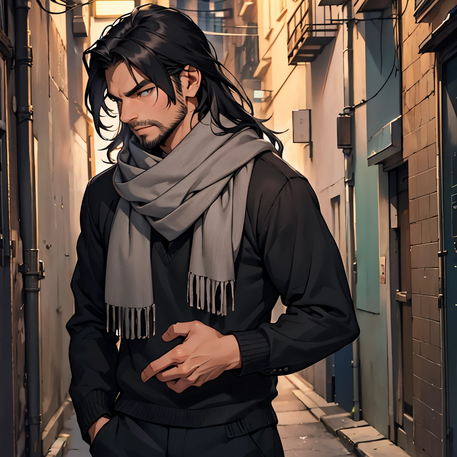 [Shota Aizawa, tone, mature: 1.5] [black hair, shoulder length hair, grey eyes, light facial hair] [black long sleeve sweater, black pants, grey scarf] [night time] [detail eyes, detail face, detail hand] [alone, night time sneaking in a alley] [close up, center frame, upper body]
