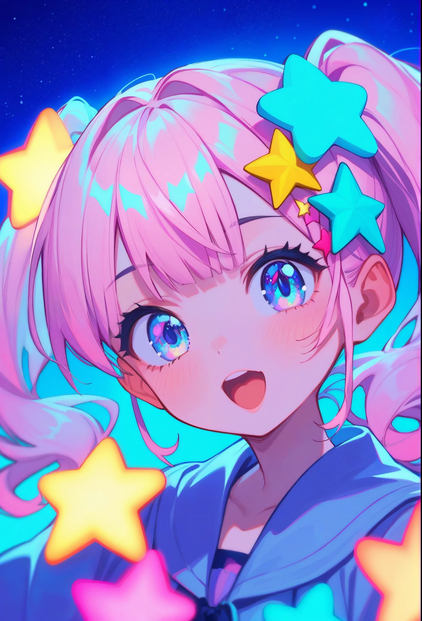   portrait of Virtual Idol, pastel colors, open mouth, long hair, star , (symbol), star hair ornament, hair ornament, twintails, looking at viewer, blue eyes, pastel neon lighting, source_anime, neon, neon theme, On a stage set up above a huge city, a 3D projected virtual idol is singing and dancing, and the crowd goes wild for her dynamic performance,