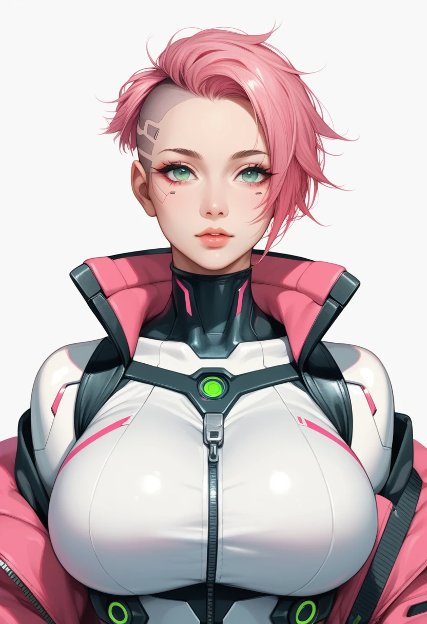 1girl,Cyberpunk Masks / Techwear Masks – Techwear front view, huge breasts,hair cut bob, pink and green colors, solo, simple background, white background, upper body, no humans, glowing, robot, mecha, zipper, science fiction, straight-on