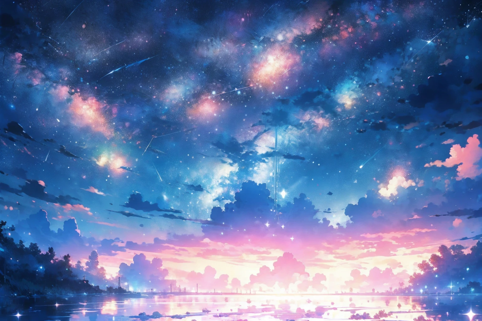  sparkling underwater fireworks ,Cinema Light, starry sky ,水面に映る starry sky , white whales swim in the sky