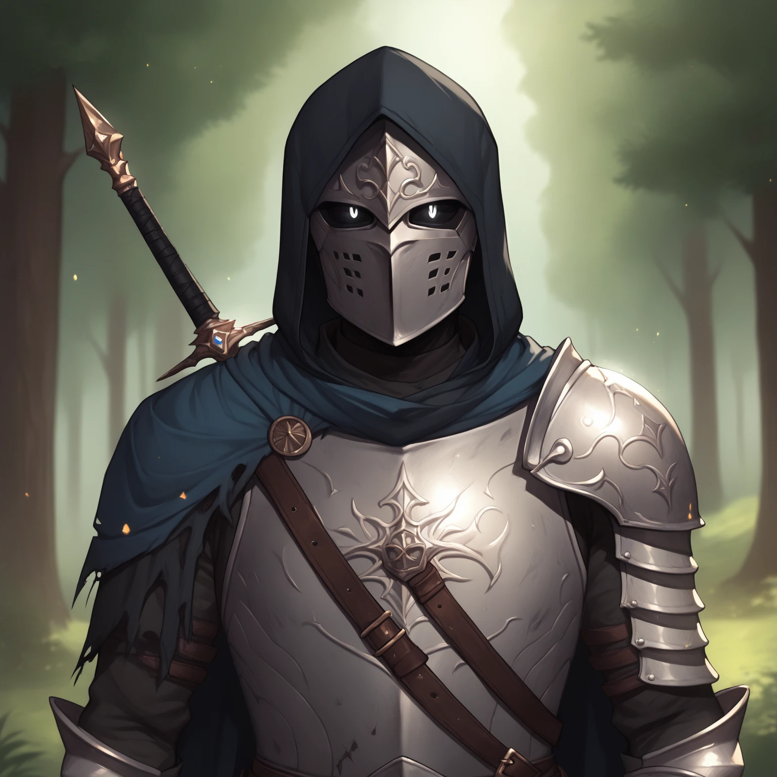 (((beautiful, high quality))), score_9, score_8_up, score_7_up, BREAK, arm0rs3nt1n3l, templar, solo, looking at viewer, 1boy, glowing eyes, black sclera, holding, standing, upper body, belt, hood, cape, armor, torn clothes, helmet, hood up, pauldrons, sheathed, breastplate, knight, full armor, solo, portrait, upper body, portrait, forest background, fantasy, blurred background, Expressiveh, detailxl