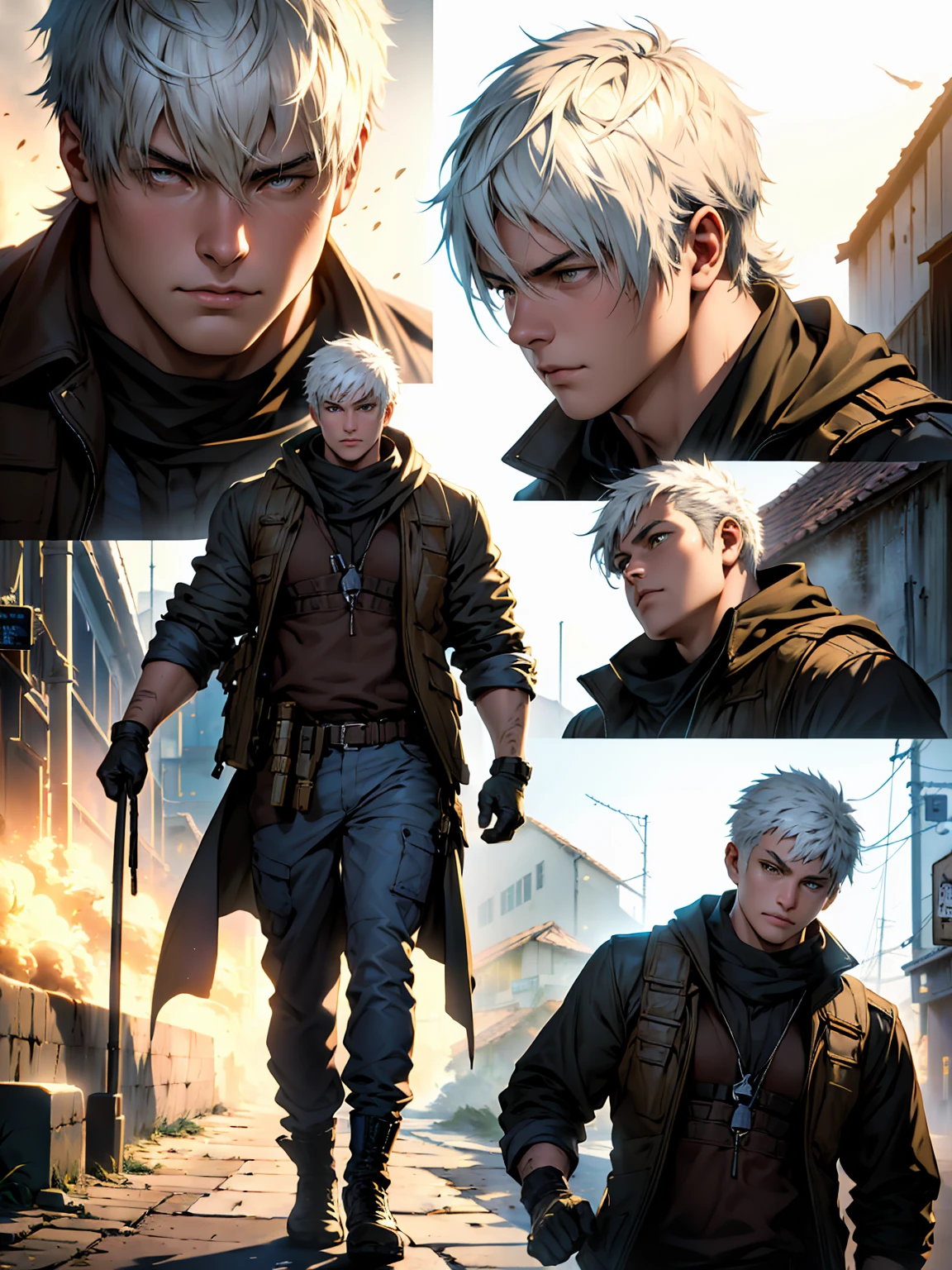  Young man with a calm expression and a confident look, white hair, bright yellow eyes,  wearing brown shoulder holster with a cleaver , ((Kento-Nanami )),  wearing half-finger tactical gloves, military boots, black and gray clothes ; In a boxing-style guard ;  He is surrounded by a white and blue energy;  while entering fighting position ; In the background the lighting is soft;  creating a mysterious atmosphere ;  style in a scene from Poster , ((realistic: 1.5)),(( best quality )), ((masterpiece)),((detailed));