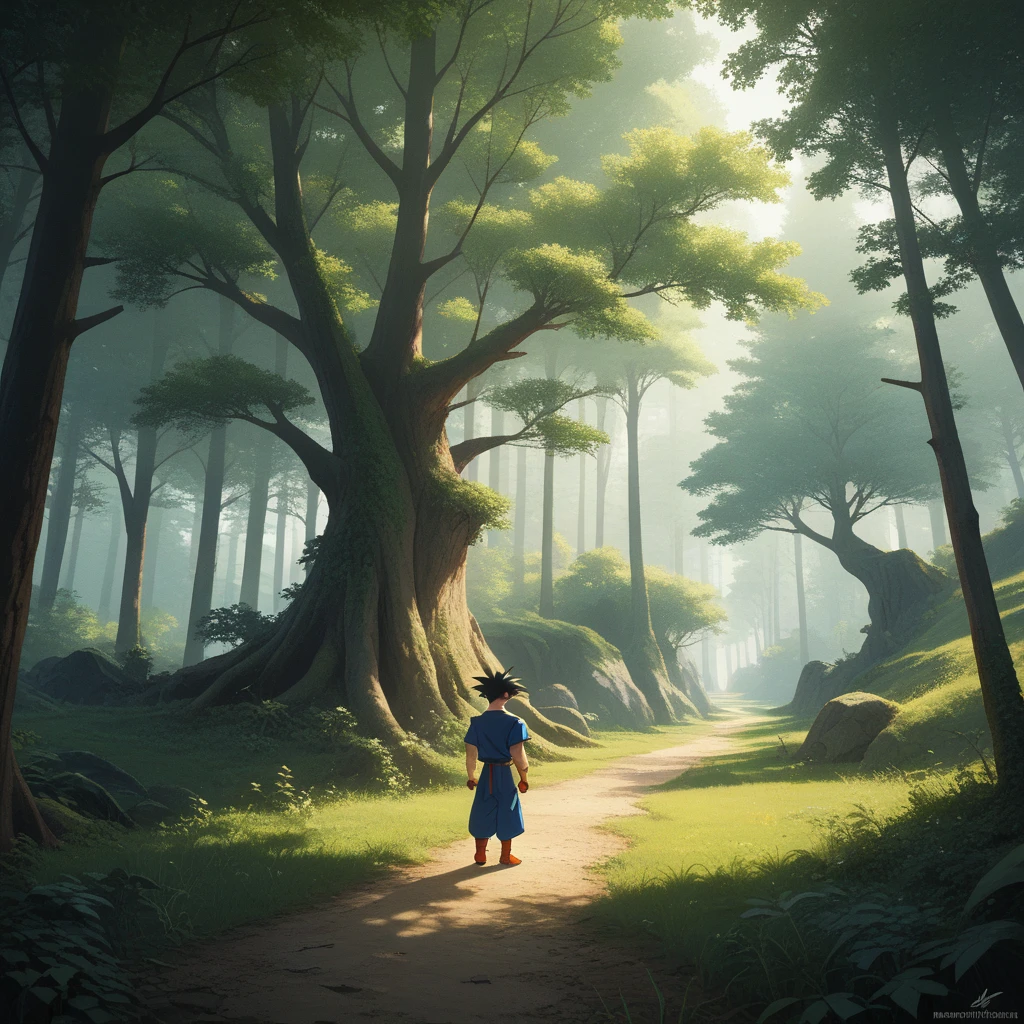 Imagine Prompt: Viral anime nature wallpaper in 4K quality, in Hayao Miyazaki-inspired digital illustration style, featuring a serene forest with towering ancient trees, dappled sunlight, with the character Goku standing with his chest puffed out, with  posture, with both hands on the waist, on the back, worked out with muscles.