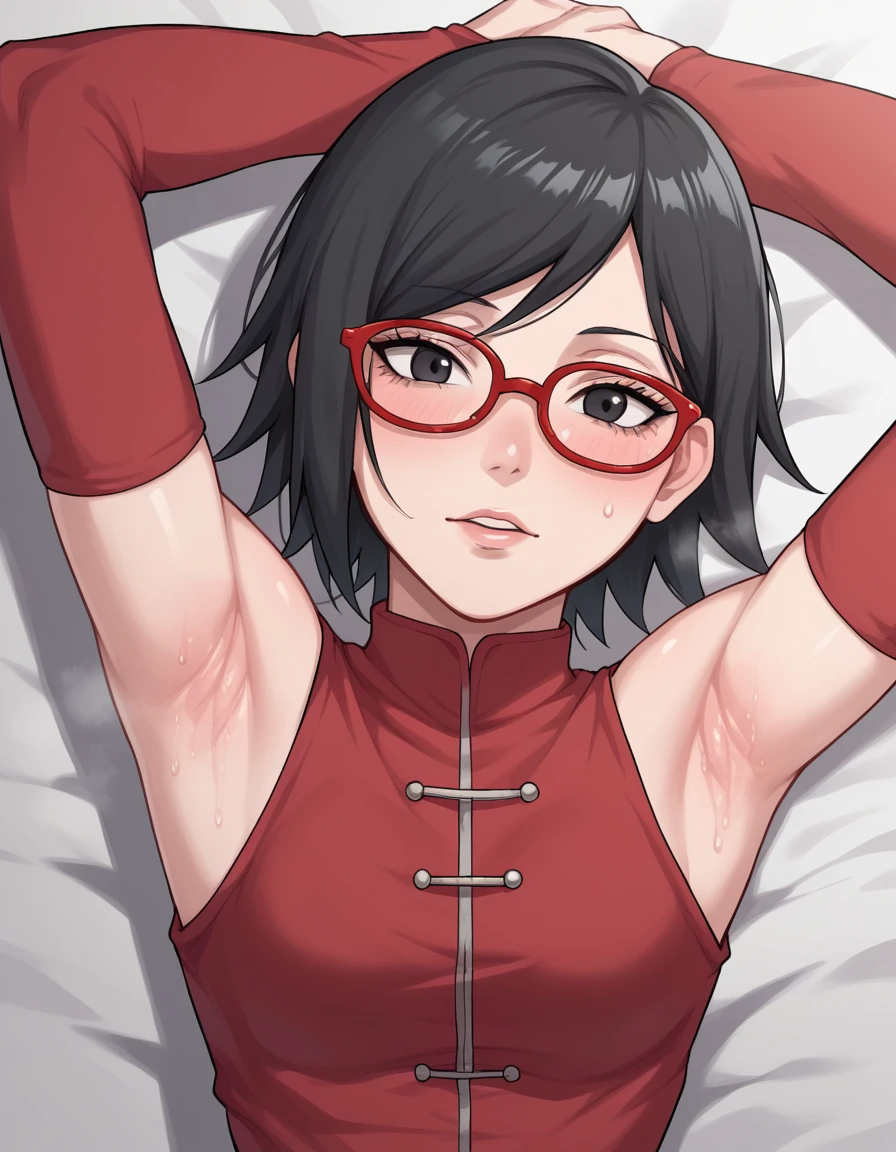 boruto,(sarada uchiha, short hair, black hair, black eyes, red-framed eyewear, glasses, swept bangs:1.1)(Armpit,脇の皺:1.3)，(steam，steamimg:1.1)，  red dress , is embarrassing