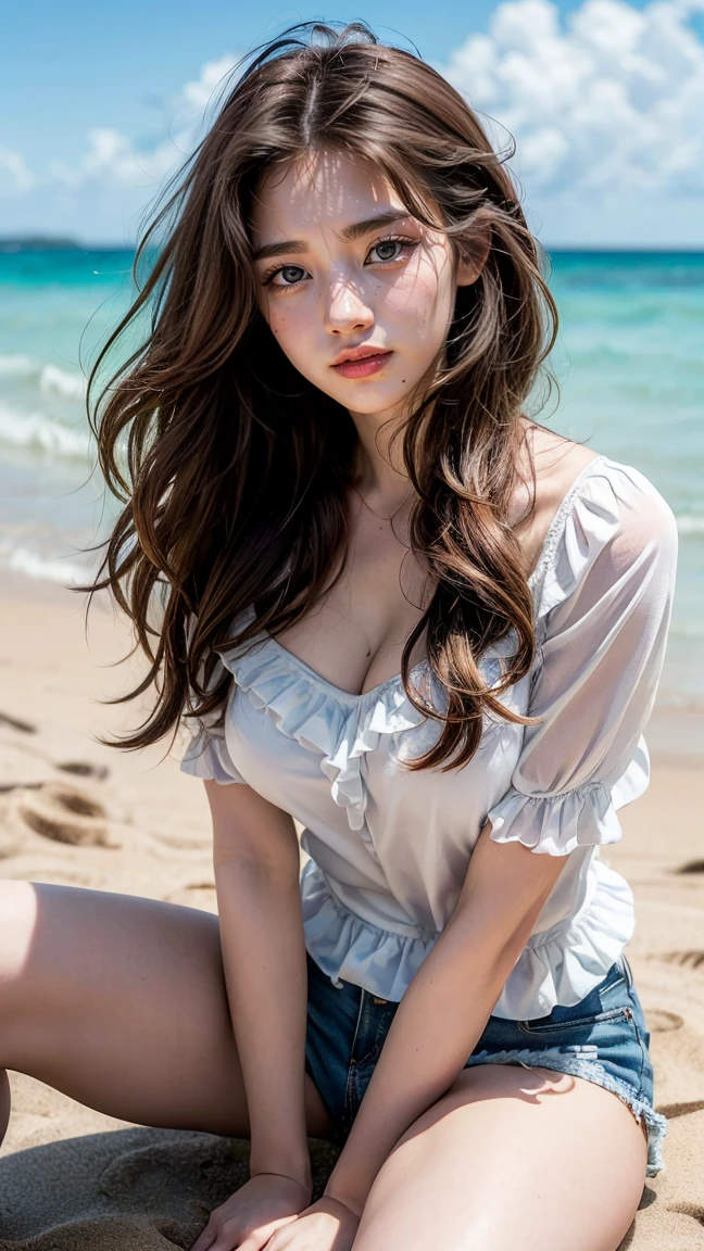(Raw photo, Best Quality), (Realistic, Photorealsitic:1.3), masutepiece, Extremely delicate and beautiful, Soft light, (Brown hair, Shoulder-length straight hair swaying in the wind), Beautiful detailed girl, (Detailed fingers), extremely detailed eye and face, beautiful detailed nose, Beautiful detailed eyes,, Japanese, Neat and clean beauty, Cute, 年轻, dress shirts, Pants, (Half body:1.3), (medium breasts), Realistic face, Realistic body,modelshoot、uninhabited island、Surrounded by the sea、seabird、