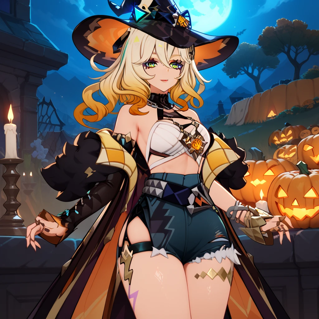 1girl, dress, jewelry, blonde hair, glow hair, flowing hair, ahoge, armpits, witch hat, witch costume, bare shoulders, glow eyes, witch costume for Halloween, Halloween theme, chest sarashi, claw pose, tassel, collarbone, cowboy shot, cute ghost, hair between eyes, hair intakes, halloween, halloween costume, huge ahoge, long hair, looking at viewer, midriff, multicolored hair, witch dress, witch hat on her head, smile, solo, stomach, strapless, streaked hair, thigh gap, thighs, tube top, very long hair, pumpkin lantern, candle, cemetery scenery 