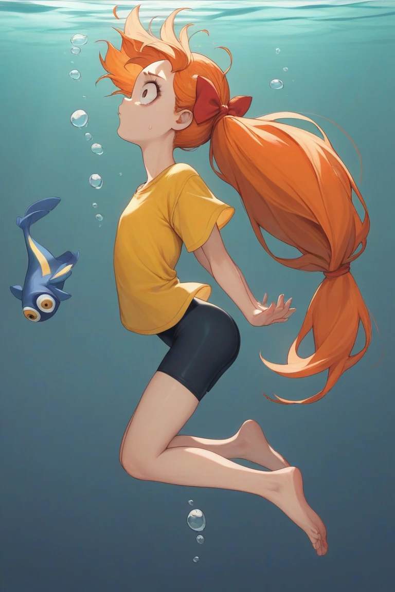 score_9, score_8_up, score_7_up, 1girl, source_anime, (teenage girl) orange hair, ponytail, red bow, very long hair, flat chest, Powerpuff Girls style, navy blue bike shorts, tinny yellow t-shirt, ((Diving underwater)), unconscious state, scared face, Arms raised, body back turned, Raised butt, Firm legs, dark background, floating unconscious, full body back turned, 