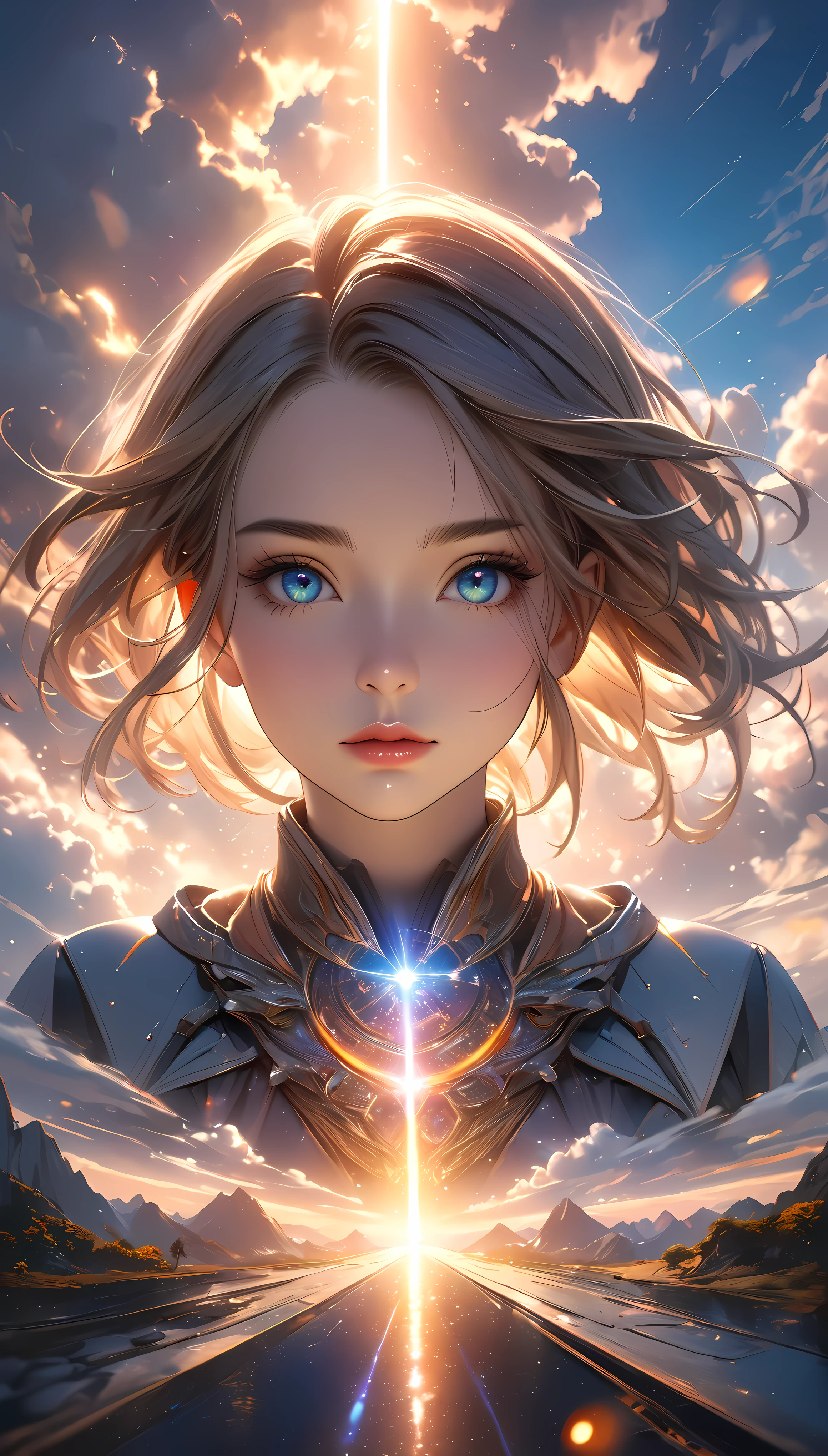 (masterpiece, best quality:1.2), 1girl, solo, pensive girl at sunset, clouds parting to reveal a shaft of light, gazing, bright multicolored transparent path of hope leading to a bright future, ARW, detailed eyes, detailed lips, extremely detailed face, long eyelashes, realistic, photorealistic, photo-realistic:1.37, 4k, 8k, HDR, UHD, studio lighting, ultra-fine painting, sharp focus, physically-based rendering, extreme detail description, professional, vivid colors, bokeh, dramatic lighting, atmospheric, cinematic, fantasy, digital painting