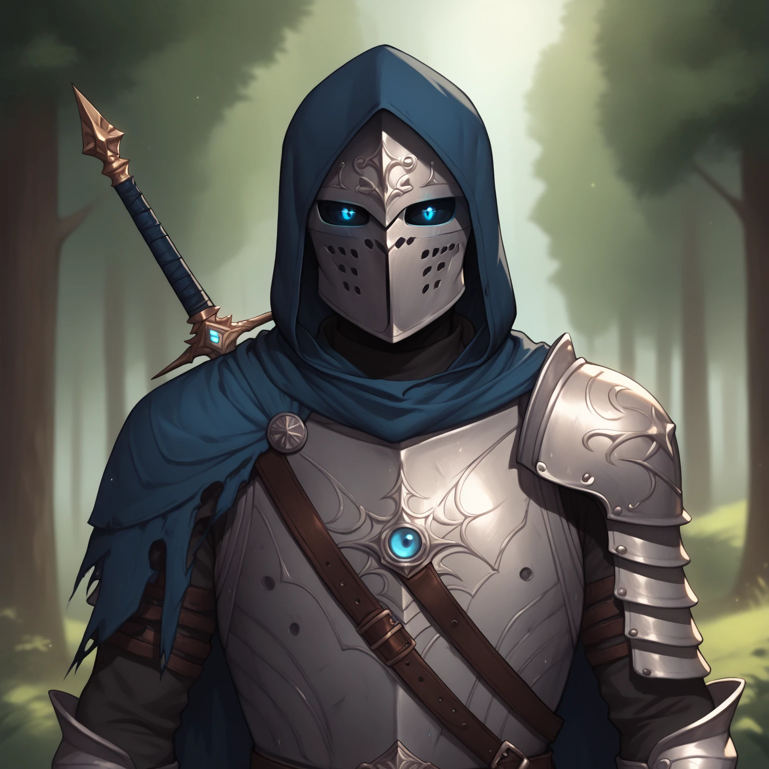 (((beautiful, high quality))), score_9, score_8_up, score_7_up, BREAK, arm0rs3nt1n3l, templar, solo, looking at viewer, 1boy, blue glowing eyes, black sclera, holding, standing, upper body, belt, hood, cape, armor, torn clothes, helmet, hood up, pauldrons, sheathed, breastplate, knight, full armor, solo, portrait, upper body, portrait, forest background, fantasy, blurred background, Expressiveh, detailxl