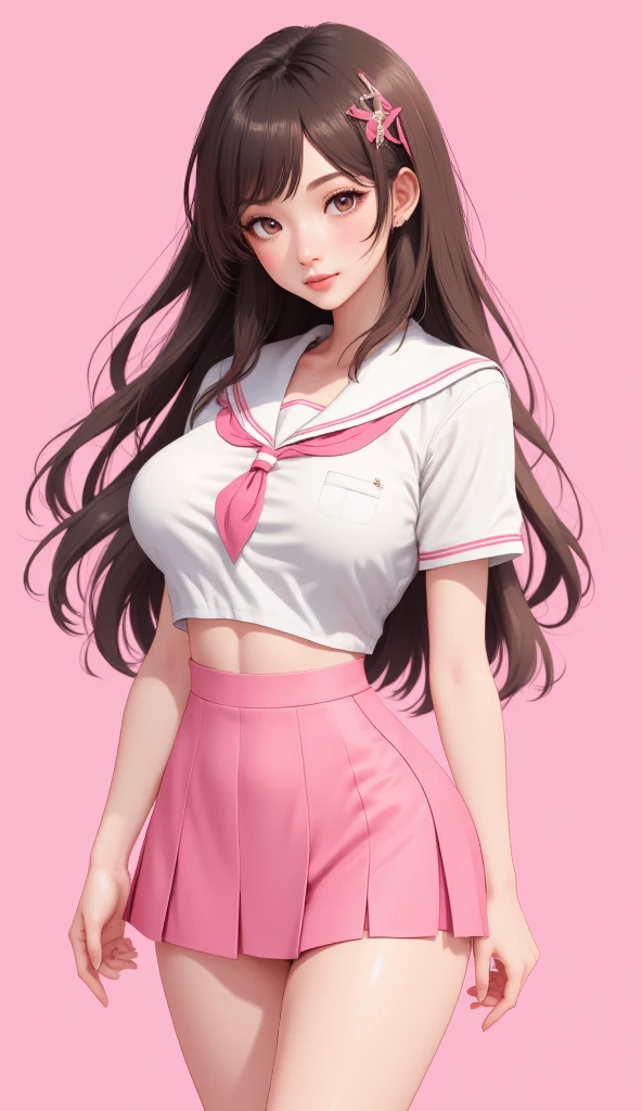 (masterpiece, best quality:1.2), 1 girl, Solitary,Standing, Long hair，Pink skirt，big breasts, cleavage, (photorealistic), japanese high school girl, slender, 3D, anime, sexy, submissive, erotic, sailor suit, student uniform, pink background, pastel color palette, shiny skin, 