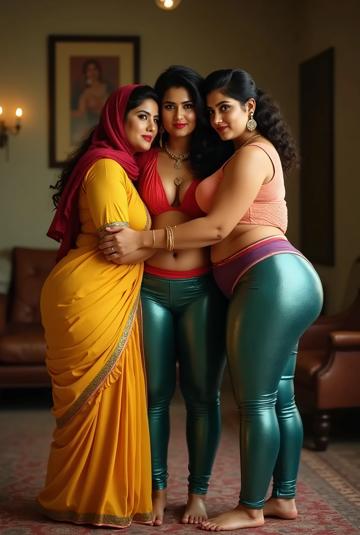 (Realistic), A woman enjoying a romantic moment on a crowded train, the woman 35 years old is curvy , All of body is Wet by sweats, while a man jerks her.,indian, big breasts, nude, nsfw:1.3,(multiple milf around nude), masterpiece, realistic,orgasming face, ,droopy breast, perfect legs, view ,3 milf together celebrate with cum on breast,mallu,back view big ass