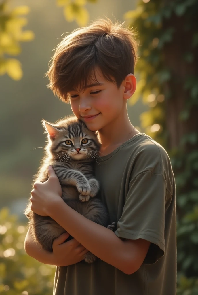 a lonely boy and his adorable kitten in a sunny field, detailed facial features, golden hour lighting, soft focus, 4k, 50mm lens, close-up shot, natural lighting, photorealistic, masterpiece, ultra-detailed, realistic, photo-realistic, extremely detailed, vivid colors, cinematic, dramatic, emotional
