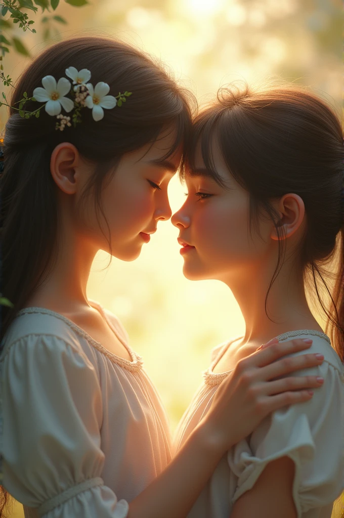 two girls hug each other in the woods, one with a white flower in her hair, multiple girls, 2girls, flower, jewelry, hair ornament, hair flower, long hair, hug, dress, closed eyes, brown eyes, earrings, brown hair, head wreath, white dress