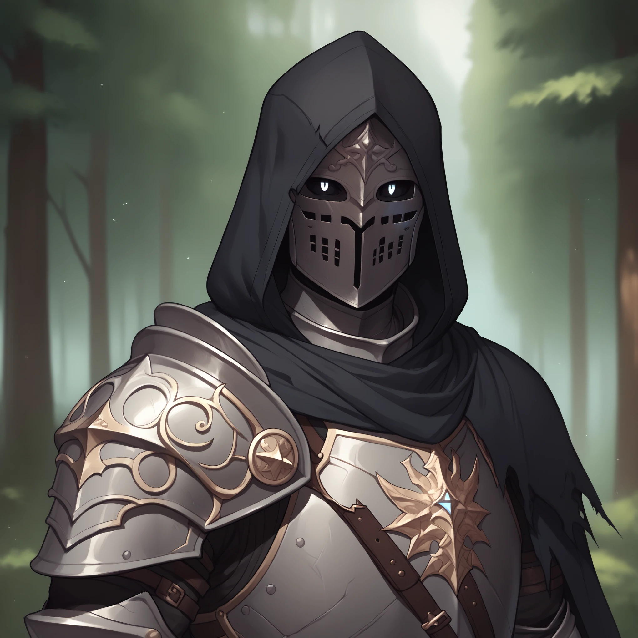 (((beautiful, high quality))), score_9, score_8_up, score_7_up, BREAK, arm0rs3nt1n3l, templar, solo, looking at viewer, 1boy, glowing eyes, black sclera, holding, standing, upper body, belt, hood, cape, armor, torn clothes, helmet, hood up, pauldrons, sheathed, breastplate, knight, full armor, solo, portrait, upper body, portrait, forest background, fantasy, blurred background, Expressiveh, detailxl