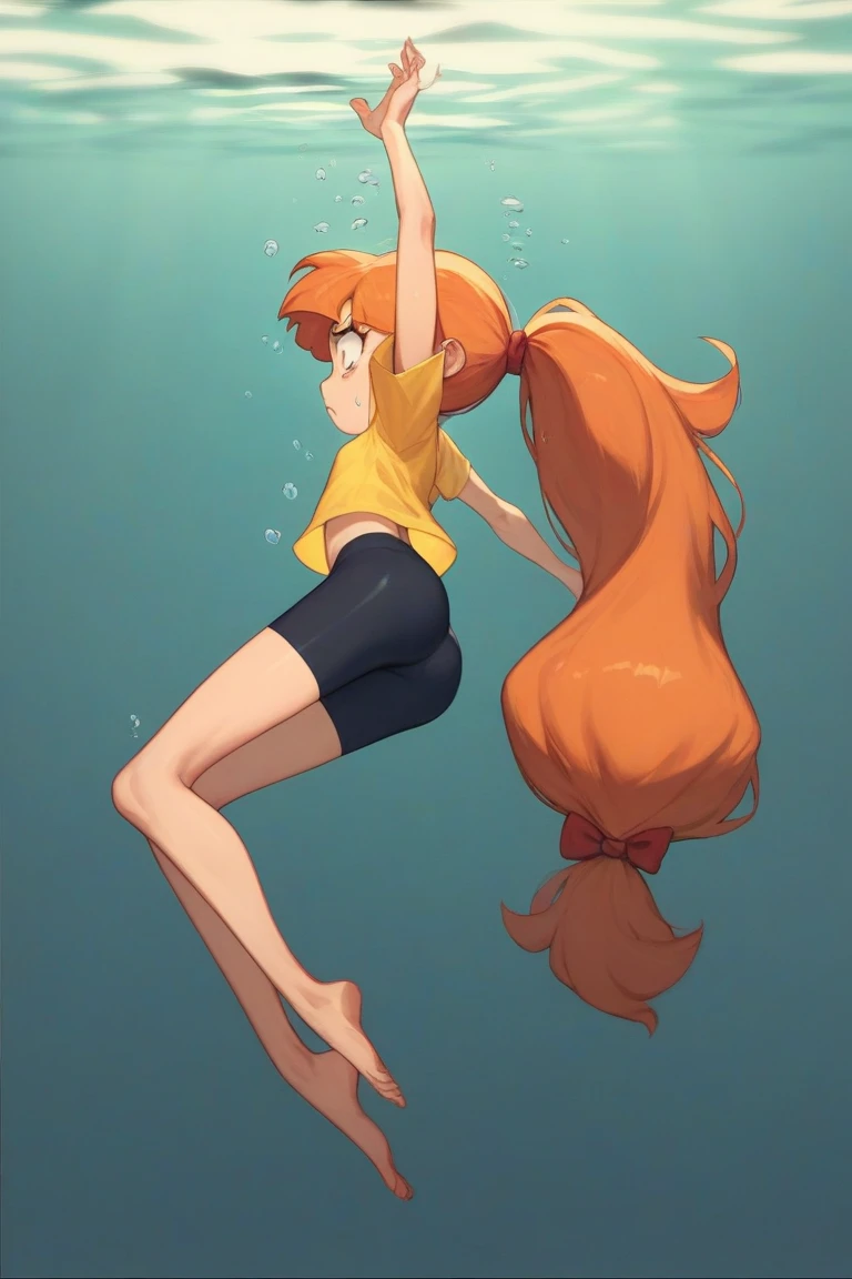 score_9, score_8_up, score_7_up, 1girl, source_anime, (teenage girl) orange hair, ponytail, red bow, very long hair, flat chest, Powerpuff Girls style, navy blue bike shorts, tinny yellow t-shirt, ((Diving underwater)), unconscious state, scared face, Arms raised, Body on side, Raised butt, Firm legs, dark background, floating unconscious, full body on side, 