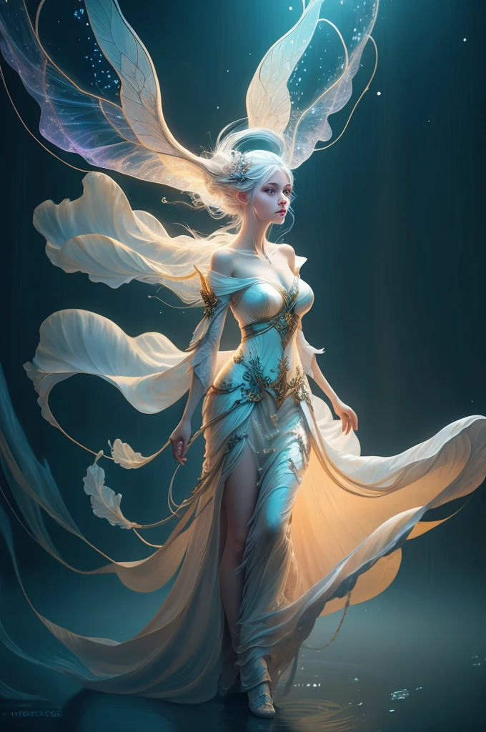 araffe fairy in a white dress walking through a stream, digital art inspired by WLOP, cgsociety contest winner, fantasy art, beautiful fairy, beautiful adult fairy, ethereal wings, a stunning young ethereal figure, portrait of a fairy, brunette elf with fairy wings, portrait of fairy, big white glowing wings, astral fairy, beautiful adult book fairy, ethereal beauty