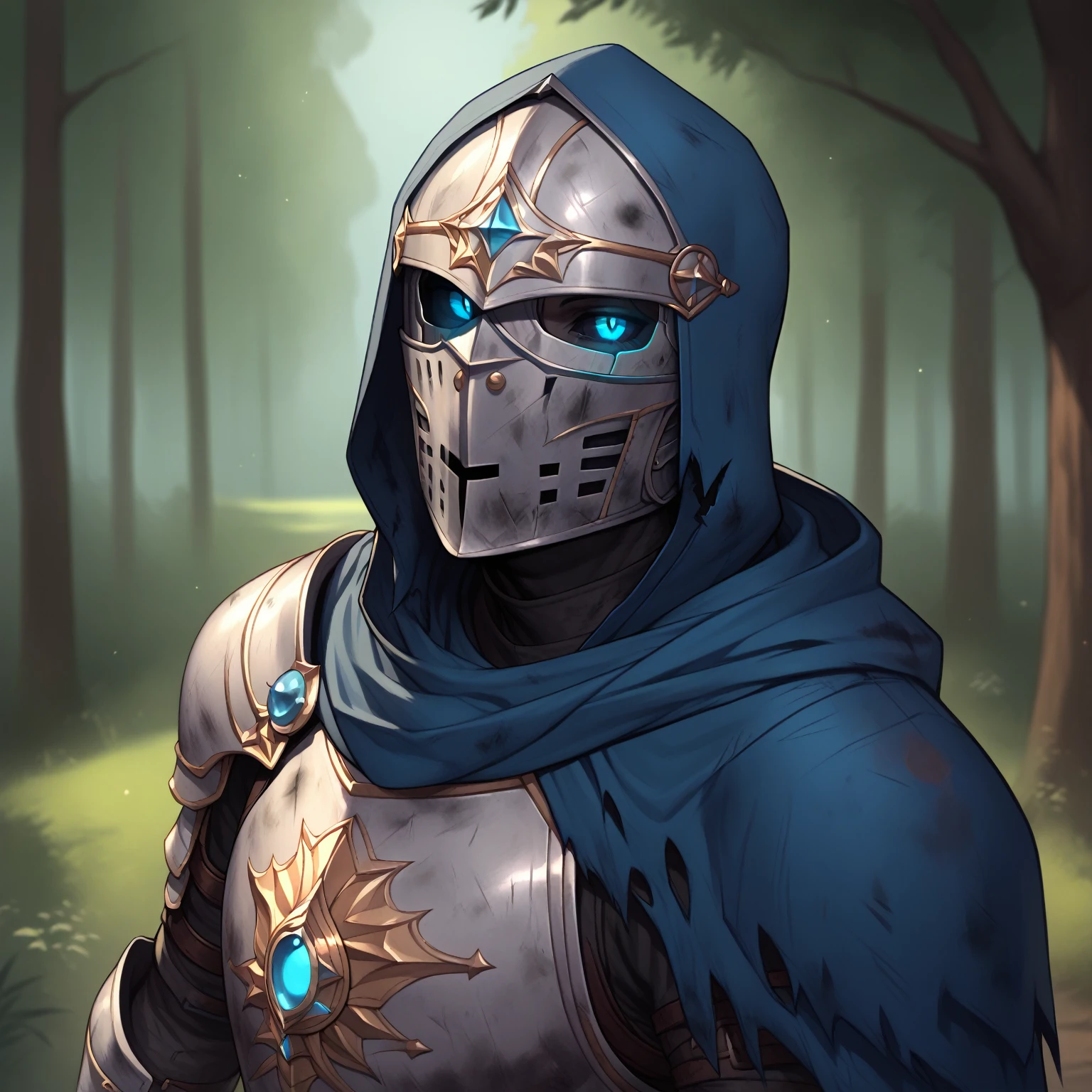 (((beautiful, high quality))), score_9, score_8_up, score_7_up, BREAK, arm0rs3nt1n3l, templar, solo, looking at viewer, 1boy, blue glowing eyes, black sclera, holding, standing, upper body, belt, hood, cape, armor, torn clothes, helmet, hood up, pauldrons, sheathed, breastplate, knight, full armor, dirty, dusty, solo, portrait, upper body, portrait, forest background, fantasy, blurred background, Expressiveh, detailxl