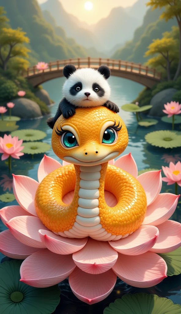 The world of felt，Ink wind background, Felt bridge flowing water ， Felt landscape ，A huge lotus flower ， Soft golden glow ， A Q version of a young snake is revealed on the huge lotus core， Plush velvet is cute ， Plush golden felt-textured scales ，Gradient gold ， Light gray textured little belly ， Large, round eyes that radiate emerald green and soft light ， Pure spiritual eyes ， Full of wisdom and wisdom about the surroundings State ， A felt panda stands on the side with its paws sticking out and rests on top of a young snake's head， blockbuster cinematic perspective ， interlaced light and shadow ，High resolution reveals details， Extreme Details ，Super Resolution，Image Quality， octane rendering ，Global Illumination