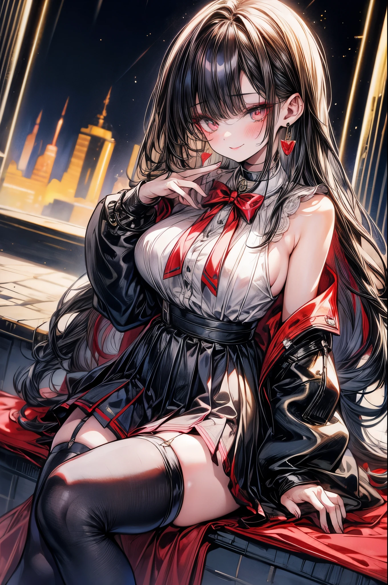 Off-the-shoulder dress,masterpiece, Highest quality, High resolution, 1 Girl, Super High resolution, alone, stockings, black eye, Twin tails, Cleavage,Large Breasts