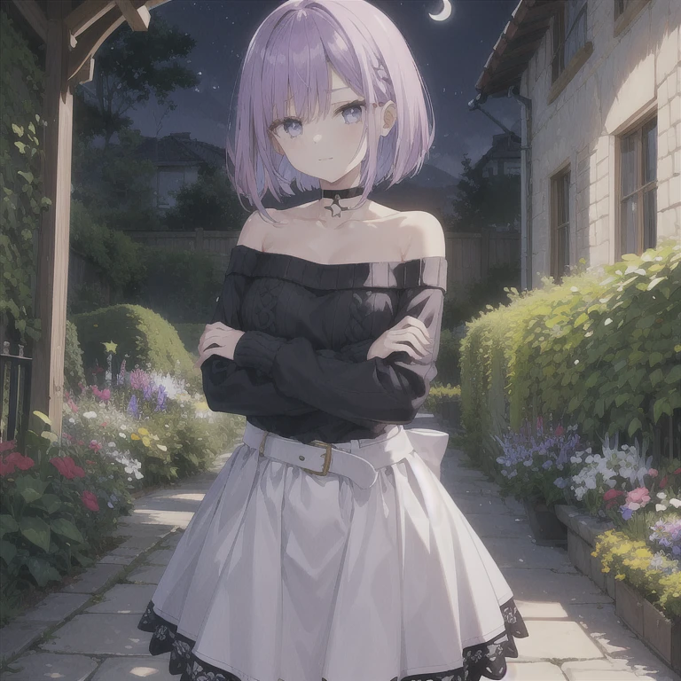  1 girl, ((Purple Hair)),Bob Hair,  medium breasts,(white off-the-shoulder sweater:1.4), grey skirt , black choker,Black belt,Slanted Eyes,Light purple eyes, Blushing , smile,  close your mouth,  frowns , Disrespectful Eyes , is standing, cross your arms, Hi-Res,  simple background, garden,night,The moon is out,Best Quality,  anatomically correct, masterpiece, 