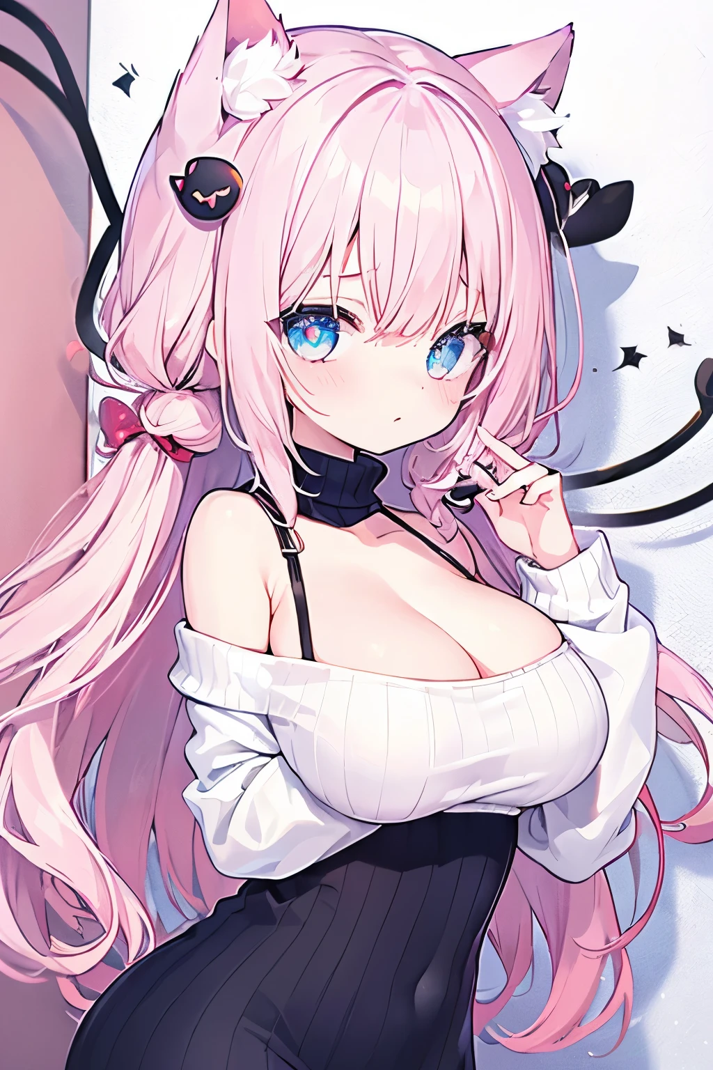 nsfw, virgin killer sweater, (sweater dress:1.2), ribbed sweater,sideboob, Cleavage Cut Out, turtleneck sweater,(white sweater:1.3), crop top　Navy,  light pink hair  ,Very beautiful and Sparkling Eyes、Sparkling Eyes、  1 girl、  big breasts at the temple、cat ears、((((( )))))、heart❤、((sweat、vapor)）,cat ears