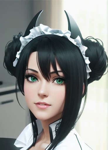  A young woman(beautiful,elegant, sexy),    Of Anglo-American origin  (beautiful, elegant, sexy ) y rusian ( beautiful, sexy, linda).  I just saw the spectator    , portrait(realistic:1.4), (:1.0),     emerald green eyes     ,     big eyes, semi-sharp eyes , shirt, dress, black vest, (     disguised as black hair    ),cabello con coletas, (   Eastern European maid   ),     short hair , (DETAILED, ultra-DETAILED, high DETAILED, ultra realistic 8k CG,     perfect artwork , lyrical), wooden table , flores, interior,   sexy and seductive smile    . agent girlsfrontline ,white skin.