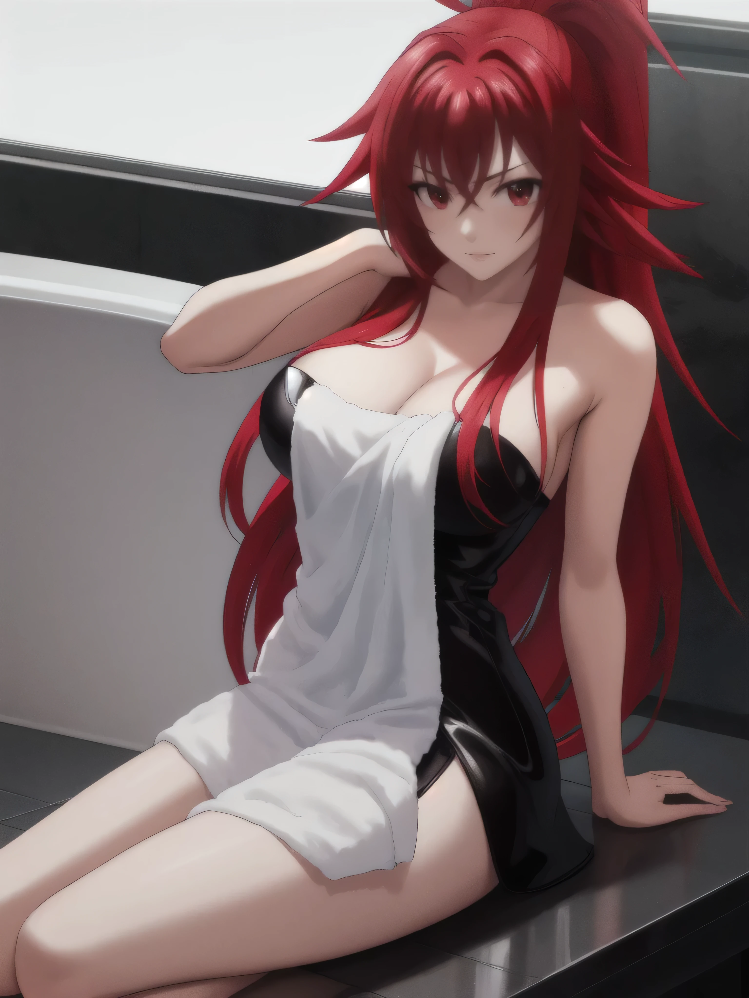 ( masterpiece ,  Best quality, very aesthetic, ultra detailed,),  intricate details,
1 girl,  Rías Gremory, high school dxd,  large breasts,  long hair ,  embarrassed,  Whole body, white background, Bath towel, necessary,  masterpiece , Detail, Details altos,  Textured leather, half body, red eyes, Red hair,  arms on chest ,  4k full HD Looking at the viewer 