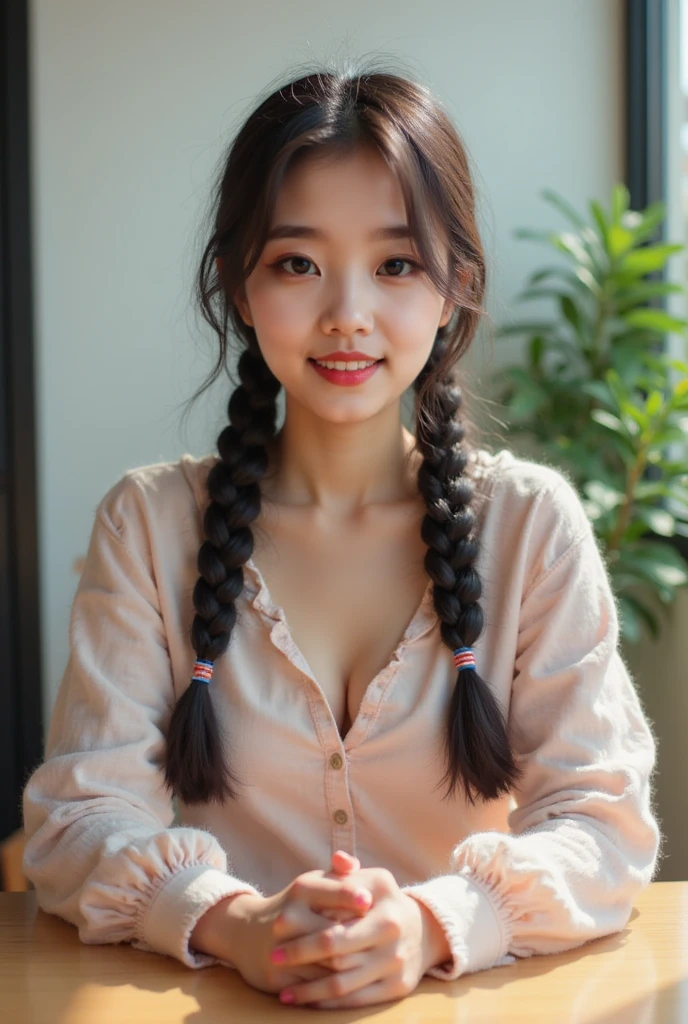  This is a high-resolution photo ， A young East Asian woman in the photo has fair skin ，Sit indoors。 She has a warm 、 charming smile ， showing teeth ， The light makeup highlights her natural features 。 hers Dark brown hair braided into two neat rows 、Thick braids ， tied with small blue and red hair bands 。 Big almond-shaped eyes ，Slight upward slope ， and is very neatly trimmed 。 Her eyebrows are split in the middle ， It falls just below her shoulders 。 porcelain-like skin ， translucent skin ， Exquisite facial features ， big emerald eyes ， sparkling pupils ， Sexy Lips ， well-shaped ，Perfect curves，Seductive look ，Perfect hips ，Smooth legs。Highlights her curves 。Long hair:1.1、Chest、 Visible Curves 、 Open Laughter  、 whole body、(  slender body )、(Long hair)、 big breasts 、Idol、( Soft Colors )、

 She wears a light pink long-sleeved shirt ， The neckline is buttoned ， upper part ， showing a hint of collarbone 。 The shirt appears to be made of soft, smooth fabric ， neatly draped over her slender body 。 She sits on a wooden table ， with her hands on the table ， The position is relaxed and steady 。

 The background includes a plain, light-colored wall and a closed door on the left 。 and a window ， and pulled some natural light into the room ， and she has a large pair of natural light 。 The overall setup indicates that this is a casual indoor office or study environment。