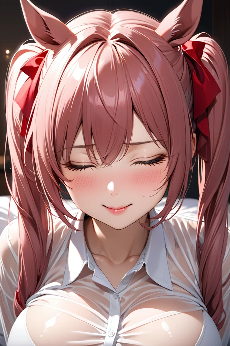 A woman posing at bed room and hair accessory, Enchanting anime girl, Realistic,masterpiece,daiwa scarlet,Tucked up, shy,seductive smile,white see-through shirt,large breast,horse ear,reaching arms for viewer,waiting for kiss,poured lips,face focus,extreme close to face,twintail hair,closed eyes