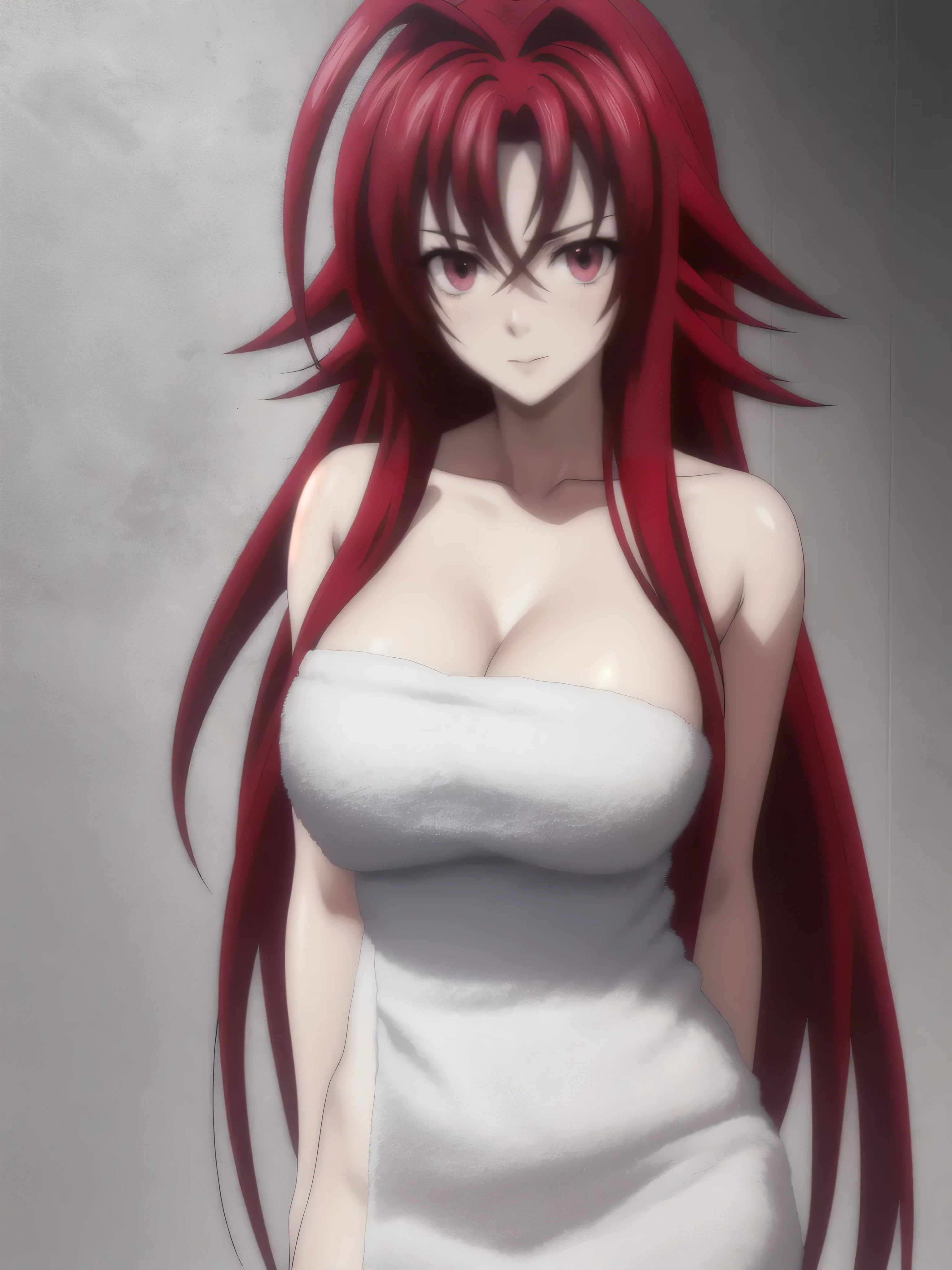 ( masterpiece ,  Best quality, very aesthetic, ultra detailed,),  intricate details,
1 girl,  Rías Gremory, high school dxd,  large breasts,  long hair ,  embarrassed,  Whole body, white background, Bath towel, necessary,  masterpiece , Detail, Details altos,  Textured leather, half body, red eyes, Red hair,  arms on chest ,  4k full HD Looking at the viewer 