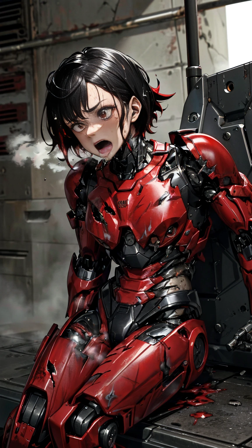 Rough skin,   very detailed ,  's Graveyard More Details  ,   high quality, 最  high quality,   kampala, 1080P 、Bleeding from a wound 、Red Armor、Wearing red and black、cute((Severe damage to the entire body))(  wear a damaged female robot suit...)(Red Armor)(Broken Armor)  Black Hair  、、 short hair、 Wet 、 open your mouth、Sweaty face、It hurts again、cute、、  drool ing from the mouth、  Female Adult 　　( steam coming out of face ) ((  steam from the body  )) Sit on a chair with your crotch spread　 Peeing from the vagina　  drool 　  　pain　