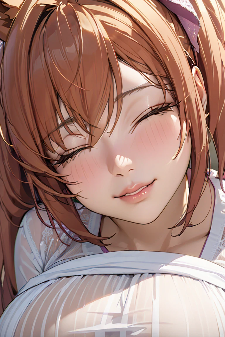 A woman posing at bed room and hair accessory, Enchanting anime girl, Realistic,masterpiece,daiwa scarlet,Tucked up, shy,seductive smile,white see-through shirt,large breast,horse ear,reaching arms for viewer,waiting for kiss,poured lips,face focus,extreme close to face,twintail hair,closed eyes