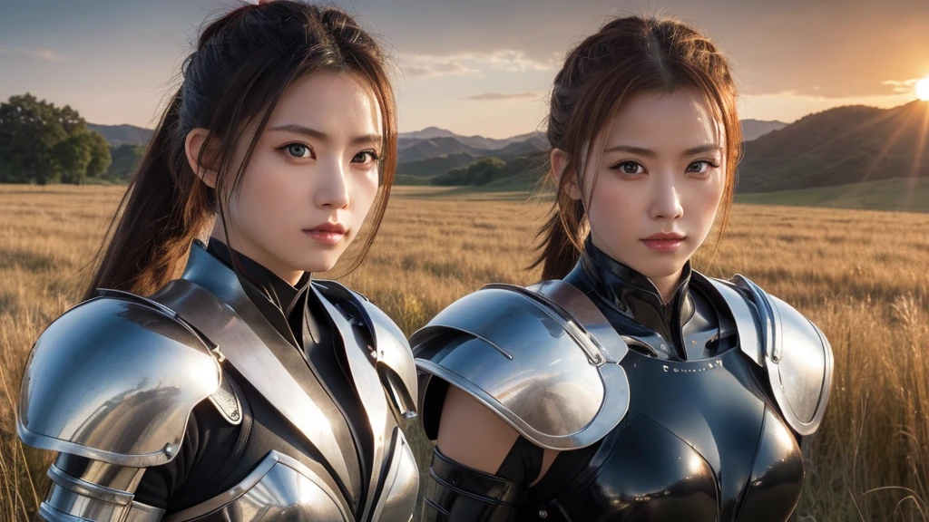 A stunning female warrior,clad in metal armor that accentuates her curves. Her face radiates beauty and courage, with piercing Orange eyes. She wields a samurai with confidence, ready for battle. The background depicts an epic battlefield. Dramatic lighting highlights the details of her armor and facial expression. Realistic style with high detail, The mouth is hidden,full-face armour.