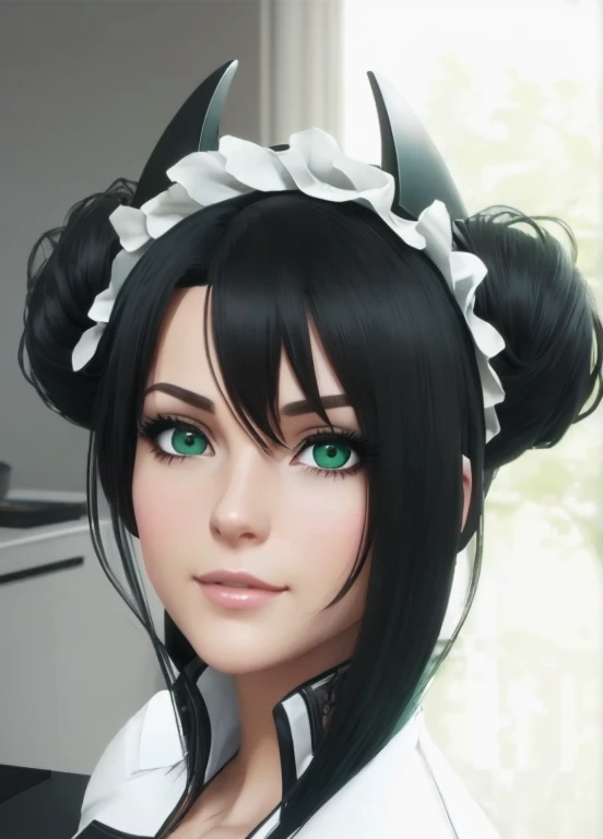  A young woman(beautiful,elegant, sexy),     Of Anglo-American origin    (beautiful, elegant, sexy ) y rusian  ( beautiful, sexy, linda).   I just saw the spectator    , portrait(realistic:1.4), (:1.0),      emerald green eyes      ,      big eyes, semi-sharp eyes   , shirt, dress, black vest, (      Disguised as black hair     ),cabello con coletas, (   Eastern European maid   ),      short hair , (DETAILED, ultra-DETAILED, high DETAILED, ultra realistic 8k CG,      perfect artwork , lyrical), wooden table , flores, interior,    sexy and seductive smile     . agent girlsfrontline   ,piel Blanca.