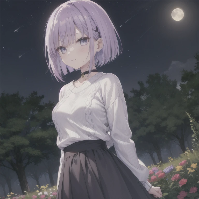  1 girl, ((Purple Hair)),Bob Hair,  medium breasts,(White sweater:1.4), perfect knit sweater , grey skirt , black choker,Black belt,Slanted Eyes,Light purple eyes, Blushing , smile,  close your mouth,  frowns , Disrespectful Eyes ,Looking up, is standing,Arms folded behind back,Look in from an angle,Bend your waist,slouch, Hi-Res,  simple background, garden,night,The moon is out,Best Quality,  anatomically correct, masterpiece, 