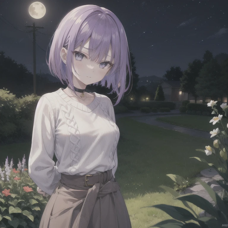  1 girl, ((Purple Hair)),Bob Hair,  medium breasts,(White sweater:1.4), perfect knit sweater , grey skirt , black choker,Black belt,Slanted Eyes,Light purple eyes, Blushing , smile,  close your mouth,  frowns , Disrespectful Eyes ,Looking up, is standing,Arms folded behind back,Look in from an angle,Bend your waist,slouch, Hi-Res,  simple background, garden,night,The moon is out,Best Quality,  anatomically correct, masterpiece, 