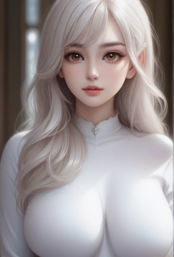 (hyperrealistic), (illustration), (high resolution), (8K), (extremely detailed), (best illustration), (beautiful detailed eyes), (best quality), (ultra-detailed), (masterpiece), (wallpaper), (photorealistic), (natural light), (detailed face), (high detailed realistic skin texture), (anatomically correct), (solo), (1 girl:1.52), (high detailed realistic hair), (white hair:1.35), (heterochromic eyes), (detailed eyes), (brown eyes:1.37), (sparkling eyes), (realistic huge breasts:1.53), (slender abs), (dynamic pose), (closed tiny mouth:1.3), (concentrated expression), (upon body from head to thigh:1.54), (dimple:1.34)