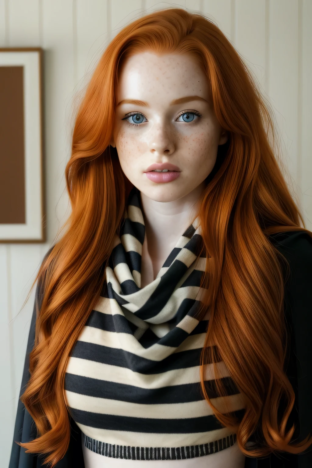 1girl in, age21, Madelaine Petsch, photo of perfect woman, 5'3", Solo, Aesthetic artwork, (irish  redhead, wavy ginger hair, shoulder length ginger hair:1.25), (some small freckles, pale skin, small breasts, B-cup, hard nipples, runners body, very thin waist, skinny, petite, detailed skin texture), (blank background, plain background, blank wall, (wearing an striped scarf, Gryffindor, Black cloak,), (extremely detailed 8k wallpaper), soft lighting, high quality, film grain, Fujifilm XT3 sharp focus, f 5.6, 50mm, High Detail, Sharp focus,(natural light), crazy details, complex details, hyper detailed