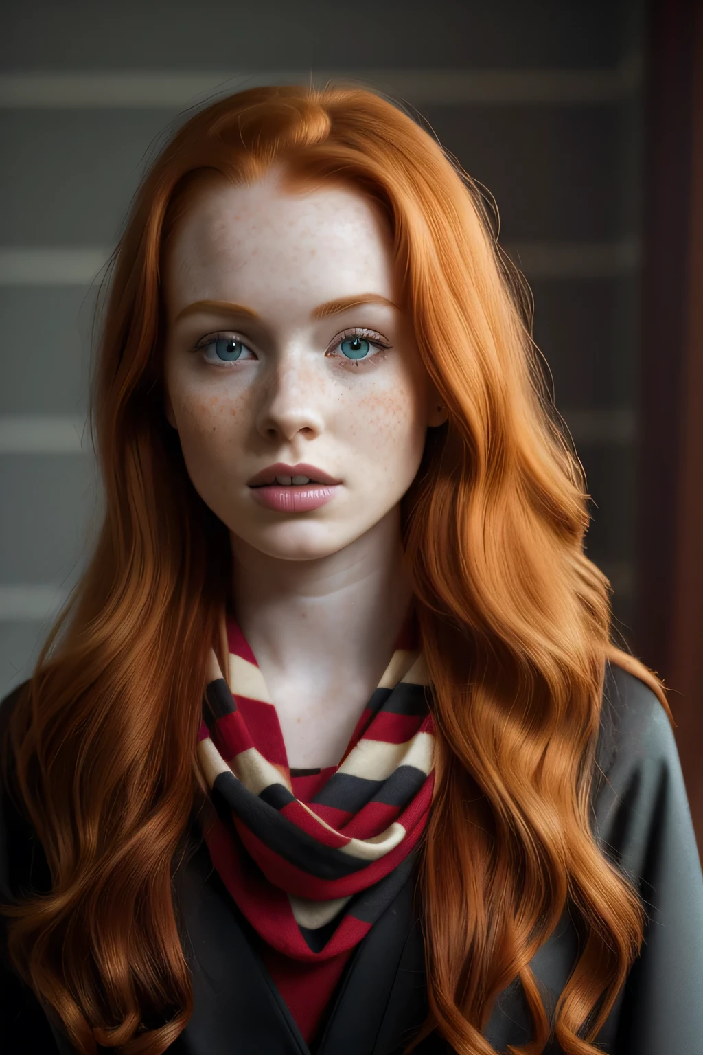 1girl in, 21, Madelaine Petsch, photo of perfect woman, 5'3", Solo, Aesthetic artwork, (irish  redhead, wavy ginger hair, shoulder length ginger hair:1.25), (some small freckles, pale skin, small breasts, B-cup, hard nipples, runners body, very thin waist, skinny, petite, detailed skin texture), (blank background, plain background, blank wall, (wearing an striped scarf, tight school girl blouse, Gryffindor robes, Black cloak), (extremely detailed 8k wallpaper), soft lighting, high quality, film grain, Fujifilm XT3 sharp focus, f 5.6, 50mm, High Detail, Sharp focus,(natural light), crazy details, complex details, hyper detailed