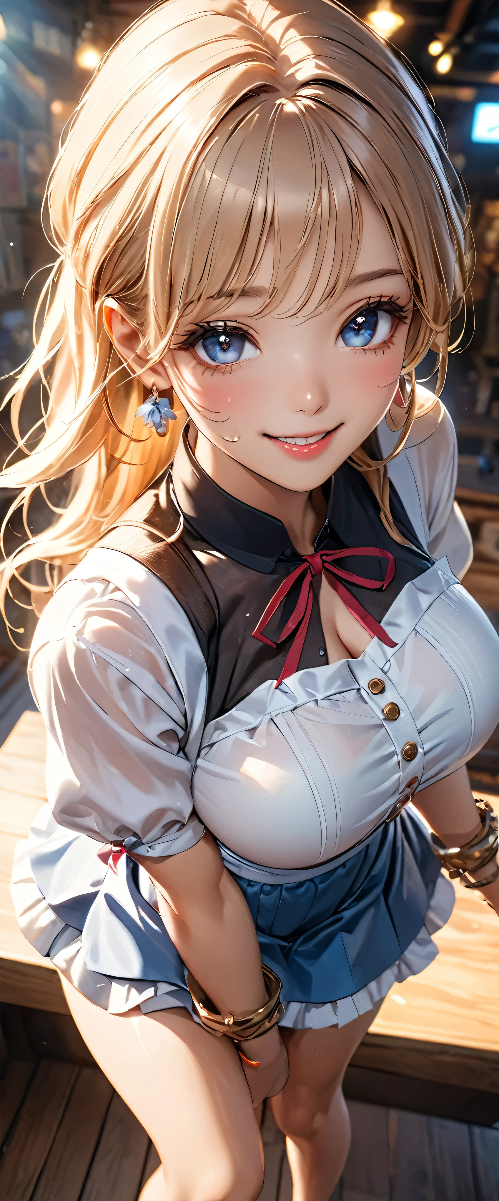 8k,  table top, Original photo, Best Quality, Realistic,  Highly Detailed CG Unity 8k Wallpaper ,  depth of field ,  cinematic light ,  lens flare ,  ray tracing , ( very beautiful face, Beautiful Lips,  beautiful eyes),  face with intricate details , (( very detailed skin))  1 girl, , Deep Shadow, Cute Korean, K-POPアイドル, 1 person, (Very slim and slender fit muscular body:1.3), (( watching viewers)),(Big smile:1.3),  ( blurry background),(No people in the background:1.3),  beautiful earrings ,  bracelet,  Clear Eyes, walk, (Pale skin), (Big Eyes), Look forward, (Brown fur), (),( watching viewers:1.3) Open chest, Very slim, Big Breasts, , In front of eyebrows, ((Dirndl,mini skirt)), ecstatic expression,,Wet with sweat, opens her mouth,((Skirt Hold Up))( angle from above )