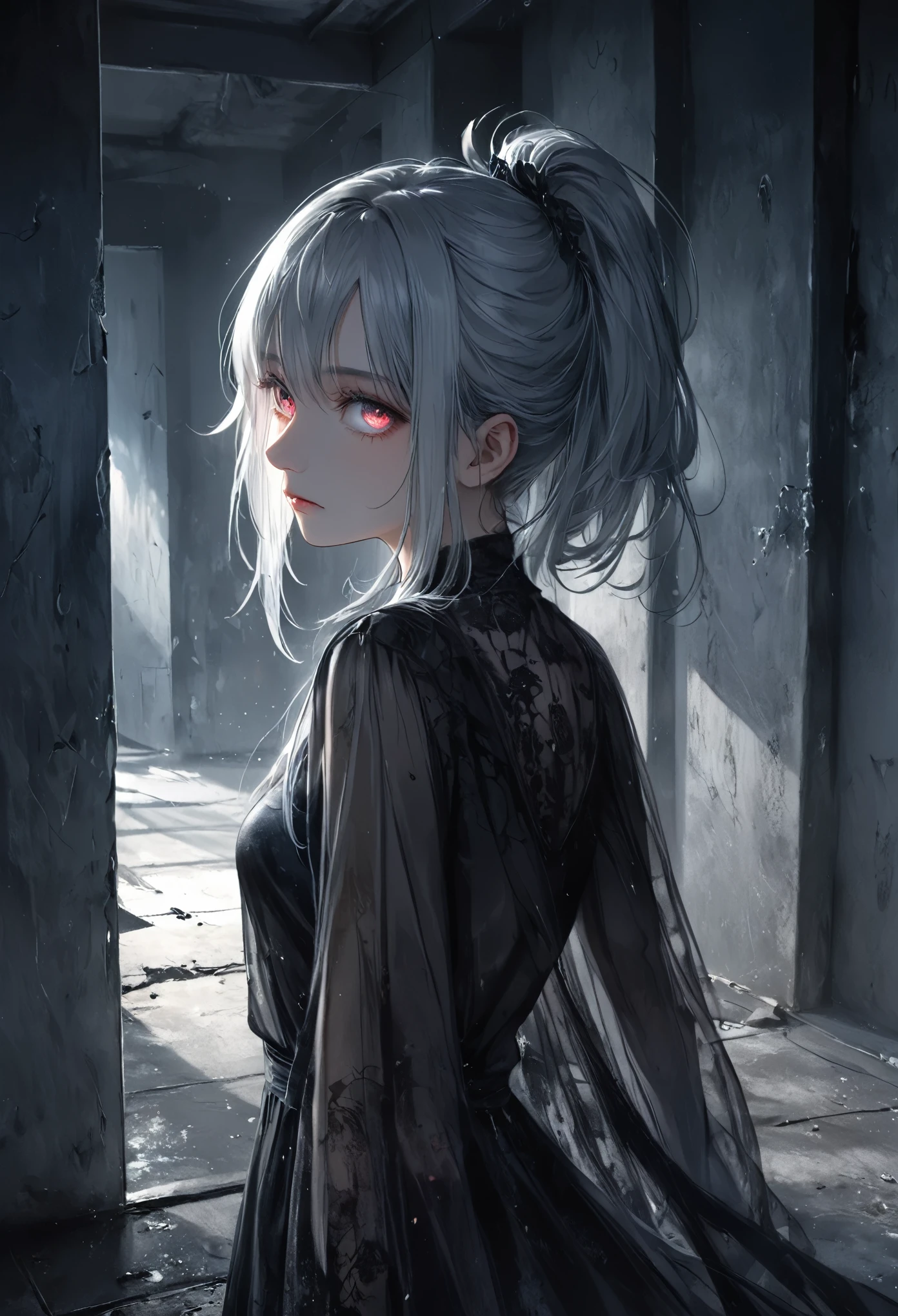 masterpiece, best quality, 8k, highres, ultra-detailed, HDR, UHD, ultra-fine painting,translucent girl,fullbody,silver hair,side pony tail hair,girl close up,dark gothic, glowing dark eyes, black dress flowing,faint mist surrounding her, ominous and unsettling, desolate prison, cracked walls and floor, broken bed, debris scattered on the ground, dim lighting, eerie atmosphere,  soft light casting shadows, dark and mysterious mood, horror theme, supernatural presence