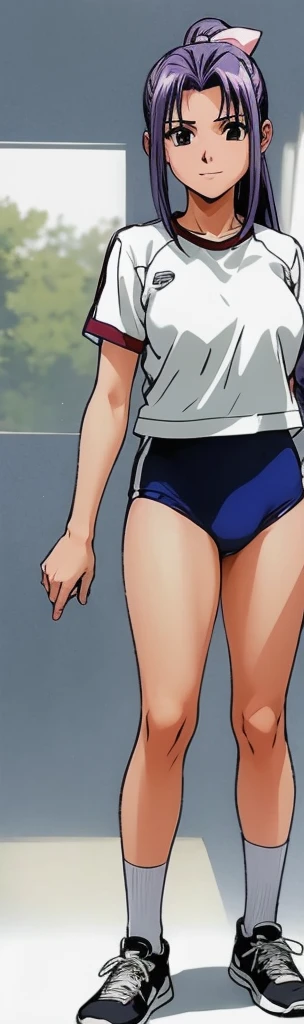 Momoko Koigakubo, a tall girl with beautiful legs, stands in a white gym uniform and light navy blue bloomers that look like panties.。Landscape。