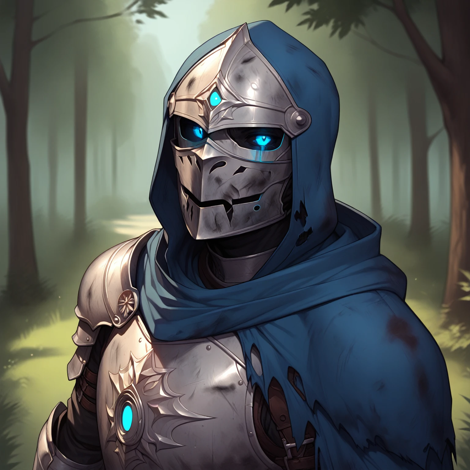 (((beautiful, high quality))), score_9, score_8_up, score_7_up, BREAK, arm0rs3nt1n3l, templar, solo, looking at viewer, 1boy, blue glowing eyes, black sclera, holding, standing, upper body, belt, hood, cape, armor, torn clothes, helmet, hood up, pauldrons, sheathed, breastplate, knight, full armor, dirty, dusty, solo, portrait, upper body, portrait, forest background, fantasy, blurred background, Expressiveh, detailxl